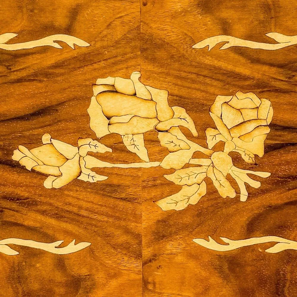 Vintage Wood Marquetry Serving Tray Floral Rose Inlay Wood Handles